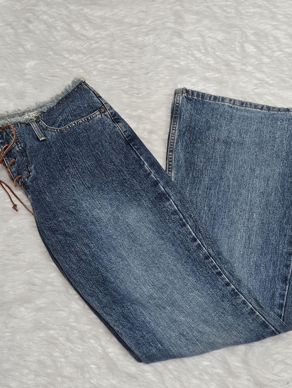 Vintage 90s Early 2000s Women’s Blue Flared Jeans with Lace-Up Waist - Picture 7 of 7